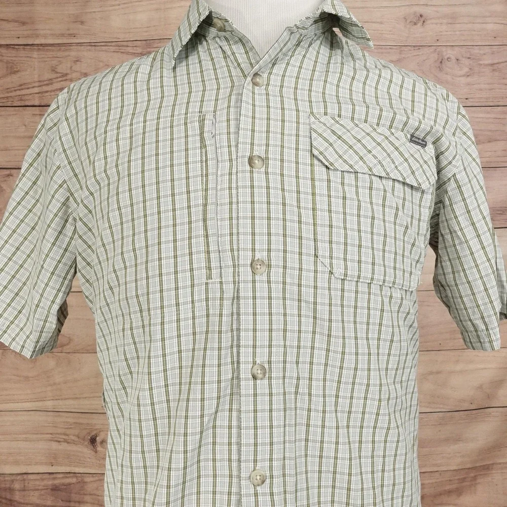Eddie Bauer Shirt Mens M Green Plaid Short Sleeve Button-Up Travex Vented Travel